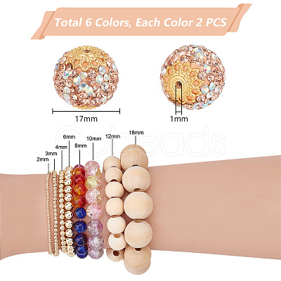 PandaHall Elite 12Pcs 6 Colors Glass Rhinestone Clay Pave Beads FIND-PH0018-36-1