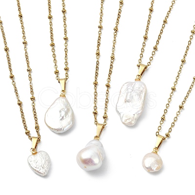 Natural Baroque Pearl Keshi Pendant 304 Stainless Steel Satellite Chain Necklaces NJEW-JN06161-1
