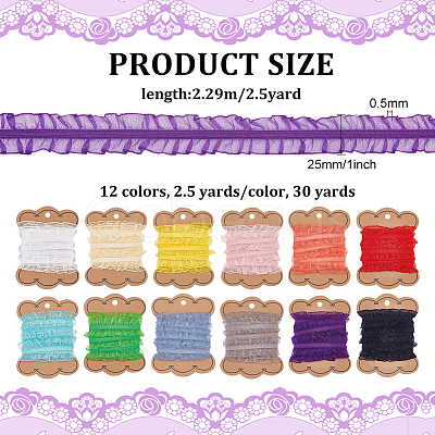 FINGERINSPIRE 30 Yards 12 Colors Chinlon Elastic Lace Trim EW-FG0001-01-1