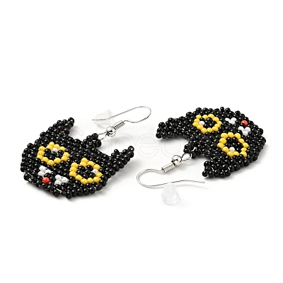 Glass Seed Braided Cat Dangle Earrings EJEW-B012-11-1