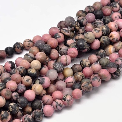 Frosted Natural Rhodonite Round Bead Strands G-F266-13-6mm-1
