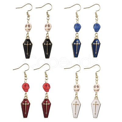 4 Pairs Synthetic Turquoise Skull with Coffin Dangle Earrings EJEW-JE06604-1