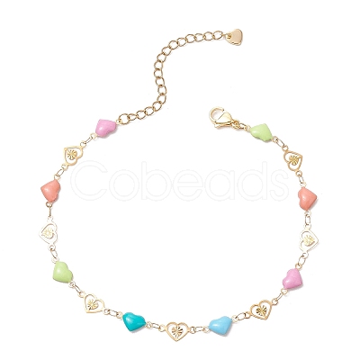 304 Stainless Steel Enamel Colorful Heart Link Anklets AJEW-AN00642-1