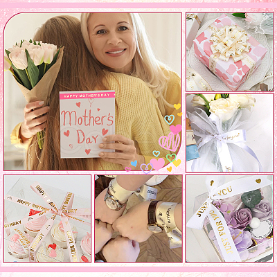 6 Rolls 6 Colors Gold Stamping Happy Mother's Day Polyester Printed Ribbons OCOR-PH0004-40-1