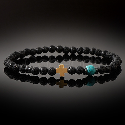 Natural Lava Rock & Synthetic Turquoise Round & Synthetic Non-magnetic Hematite Corss Beaded Stretch Bracelets LS-SL0705-1