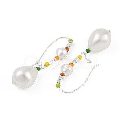 Brass & Glass & Plastic Imitation Pearl Teardrop Hoop Earrings EJEW-Q391-11S-1