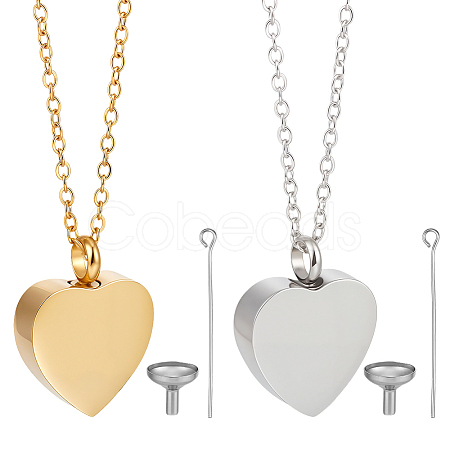 2Pcs 2 Colors Stainless Steel Heart Cinerary Casket Pendant Necklaces NJEW-CN0001-26-1