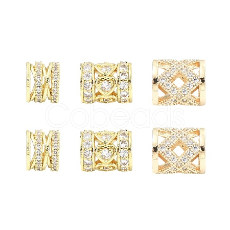 6Pcs 3 Styles Brass Pave Clear Cubic Zirconia European Beads KK-CJ0003-08-1