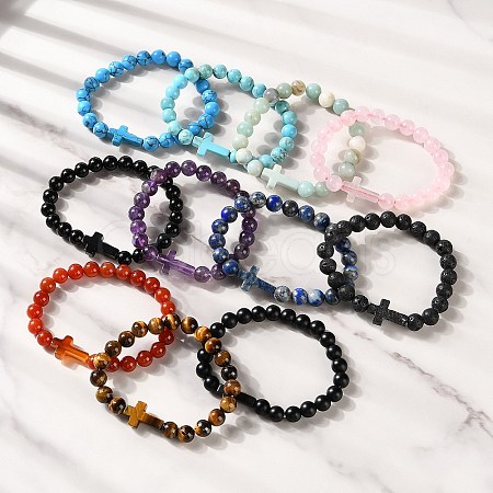 Natural & Synthetic Mixed Gemstone Cross & Round Beaded Stretch Bracelets BJEW-C119-01-1
