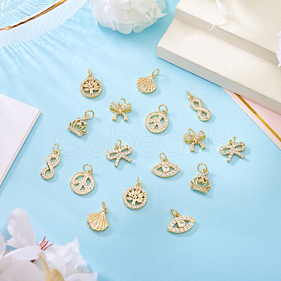 16Pcs 8 Styles Brass Micro Pave Cubic Zirconia Pendants KK-TA0002-30-1