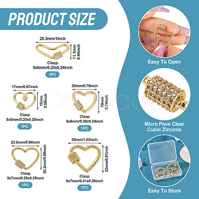 5Pcs 5 Style Brass Micro Pave Clear Cubic Zirconia Screw Carabiner Lock Charms ZIRC-TA0002-17-1