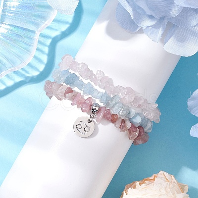3Pcs 3 Styles Natural Aquamarine & Rose Quartz Chips Stretch Bracelets Sets BJEW-JB11076-06-1