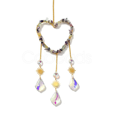 Heart Natural Fluorite Chips Hanging Ornaments HJEW-G024-01G-1