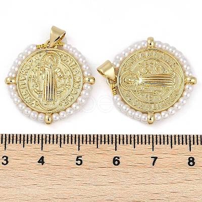 Saint Benedict Medal Brass & ABS Plastic Pearl Pendants KK-U032-10G-1