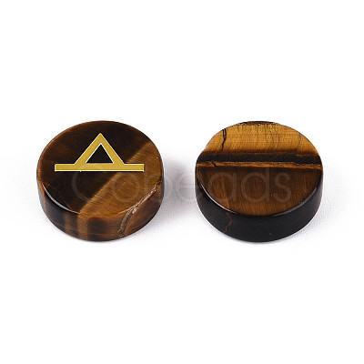 Brass Elder Futhark Alphabet Engraved Symbol Flat Round Natural Tiger Eye Rune Stones G-I373-01L-1