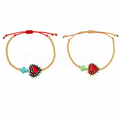 2Pcs 2 Colors Dyed Synthetic Turquoise Cross and Glass Heart Braided Bead Bracelets for Women PE0777-16-1