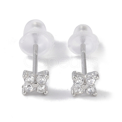 Rhodium Plated Clover 999 Fine Silver Cubic Zirconia Stud Earrings for Women EJEW-S215-16P-1