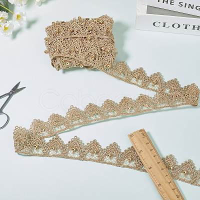 5 Yards Polyester & ABS Plastic Imitation Pearl Lace Ribbon OCOR-GF0004-92A-1
