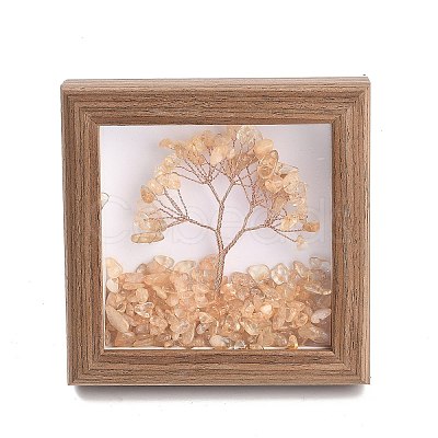 Natural Yellow Quartz Chips Tree of Life with Wooden Photo Frame Decorations DJEW-B013-04A-1