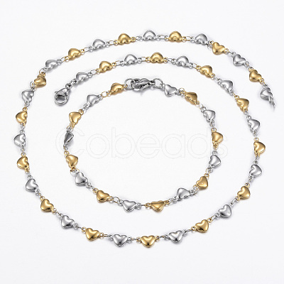 Two Tone 304 Stainless Steel Heart Link Chain Jewelry Sets SJEW-H103-12GP-1