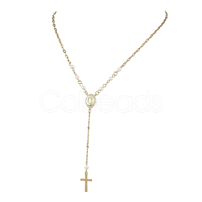 304 Stainless Steel Paperclip Chain and Shell Pearl Rosary Bead Necklaces NJEW-JN06248-1