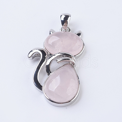 Natural Rose Quartz Kitten Pendants G-P352-B07-1