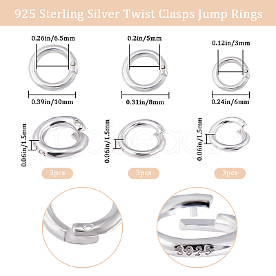 9Pcs 3 Size 925 Sterling Silver Twister Clasps STER-BBC0001-76-1