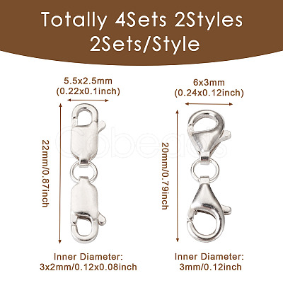 4 Sets 2 Styles Double 925 Sterling Silver Lobster Claw Clasps FIND-TA0002-22-1