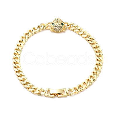 Green Cubic Zirconia Leopard Link Bracelet with Brass Curb Chains for Men Women KK-H434-11G-1