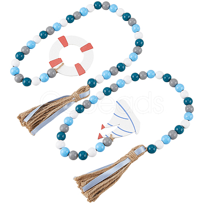 2Pcs 2 Styles Wood Beaded Hanging Ornaments HJEW-GF0001-56C-1