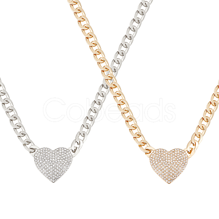 ANATTASOUL 2Pcs 2 Colors Crystal Rhinestone Heart Pendant Necklaces Set with Alloy Curb Chains NJEW-AN0001-88-1