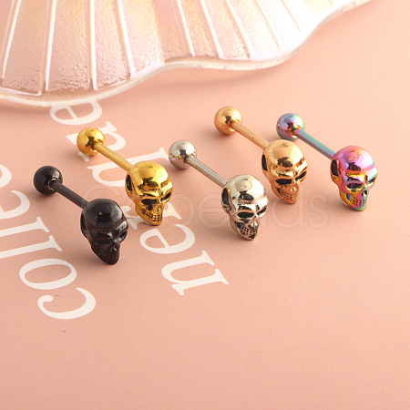 Skull 304 Stainless Steel Straight Barbell 15 Gauge Piercing Tongue Rings for Women Men FS-WG07D05-02-1