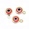 Handmade Evil Eye Lampwork Charms, with Brass Findings, Flat Round, Red, Real 18K Gold Plated, 10x6.5x3mm, Hole: 1.5mm