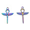 Ion Plating(IP) 201 Stainless Steel Pendants, Ankh Cross with Wing, Rainbow Color, 30.5x21.5x2.5mm, Hole: 2.5mm