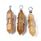 Natural Topaz Jade Big Pendants, with Platinum Brass Findings, Hexagonal Prisms, 44.5~52x10~11x9.5~10.5mm, Hole: 4x7mm