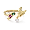 Rack Plating Brass Micro Pave Cubic Zirconia Open Cuff Ring with Plastic Pearl Beaded RJEW-Q777-15G-2