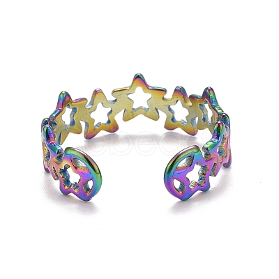 Rainbow Color Ion Plating(IP) 304 Stainless Steel Star Wrap Open Cuff Ring for Women RJEW-A005-36MC-1