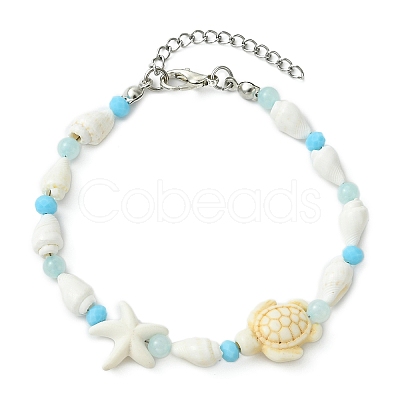 Natural Trumpet Shell & Dyed Yellow Jade & Glass & Synthetic Turquoise Beaded Bracelets for Women BJEW-JB14106-1
