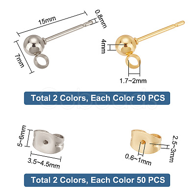 100Pcs 2 Color 304 Stainless Steel Ball Stud Earring Post STAS-PH0005-21-1