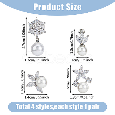 FIBLOOM 4 Pairs 4 Style Brass Micro Pave Cubic Zirconia Stud Earrings with Plastic Imitation Pearls EJEW-FI0003-11-1