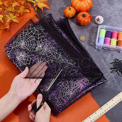 Halloween Spider & Spider Web Polyester Gauze Fabric AJEW-WH0314-677D-1