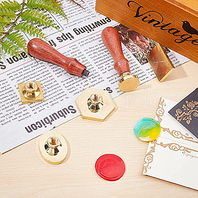 Hexagon Golden Tone Brass Wax Seal Stamp with Wood Handle AJEW-WH0375-0003-1