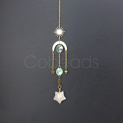 Natural Quartz Crystal Star Sun Catcher Hanging Ornaments with Brass Sun HJEW-PW0002-13A-1