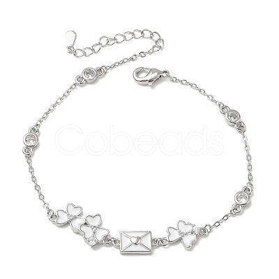 Brass Pave Clear Cubic Zirconia Clover Envelope Link Bracelets KK-CBA6980-18P-1