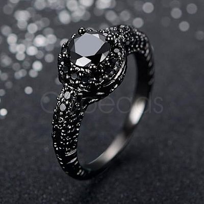 Flat Round Brass Jet Rhinestone Finger Rings FS-WG232E0-01-1