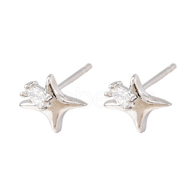 Brass Micro Pave Clear Cubic Zirconia Star Stud Earrings EJEW-L278-02P-1