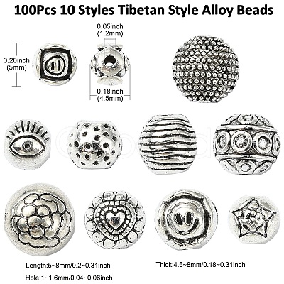100Pcs 10 Styles Tibetan Style Alloy Beads FIND-CJ0003-19-1