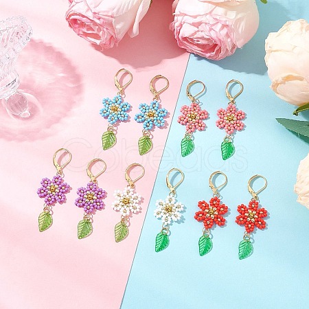 304 Stainless Steel Flower with Leaf Leverback Earrings EJEW-MZ00456-1
