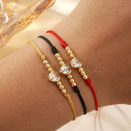 3Pcs Adjustable Brass Micro Pave Clear Cubic Zirconia Bead Braided Bead Bracelets. Waxed Cord Braided Bracelets for Women PW0686-1-1