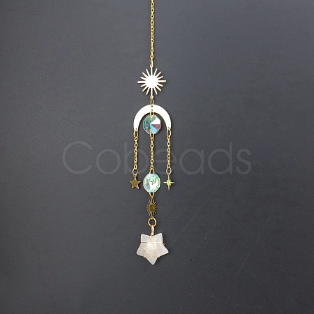 Natural Quartz Crystal Star Sun Catcher Hanging Ornaments with Brass Sun HJEW-PW0002-13A-1